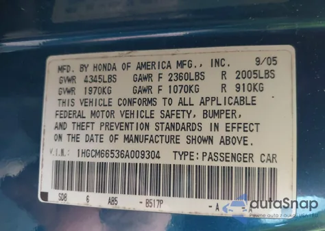 2006 Honda Accord 3.0 Ex z USA, uszkodzony, nr VIN 1HGCM66536A009304